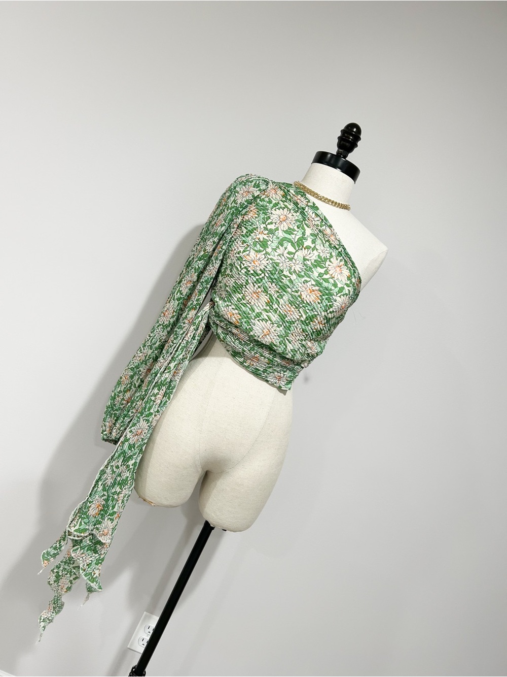 Lulu's Green Floral One-Shoulder Top with Peach Accents